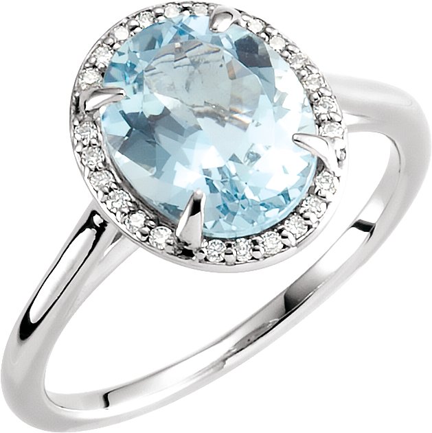 14K Gold Oval Natural Aquamarine & Natural Diamond Halo-Style Ring – 7x5mm - White Gold