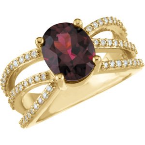 14K Gold Oval Natural Rhodolite Garnet & Natural Diamond Criss-Cross Ring