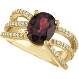 14K Gold Oval Natural Rhodolite Garnet & Natural Diamond Criss-Cross Ring - view 5