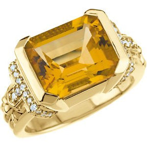 14K Gold Emerald Natural Citrine & Natural Diamond Accented Ring
