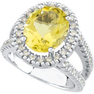 14K Gold Oval Natural Lemon Quartz & Natural Diamond Halo-Style Ring - view 5