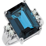14K Gold Emerald Natural London Blue Topaz & Natural Diamond Accented Ring – 14x10mm