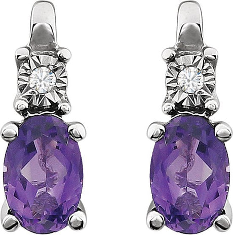 14K Gold Oval Natural Amethyst & Natural Diamond Accented Birthstone Earrings - view 2