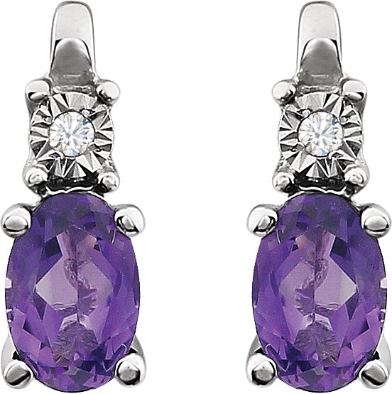 14K Gold Oval Natural Amethyst & Natural Diamond Accented Birthstone Earrings - view 2