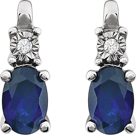 14K Gold Oval Lab-Grown Blue Sapphire & Natural Diamond Accented Birthstone Earrings – 6x4mm - view 2