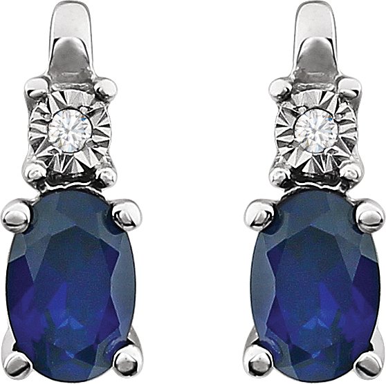 14K Gold Oval Lab-Grown Blue Sapphire & Natural Diamond Accented Birthstone Earrings – 6x4mm - view 2