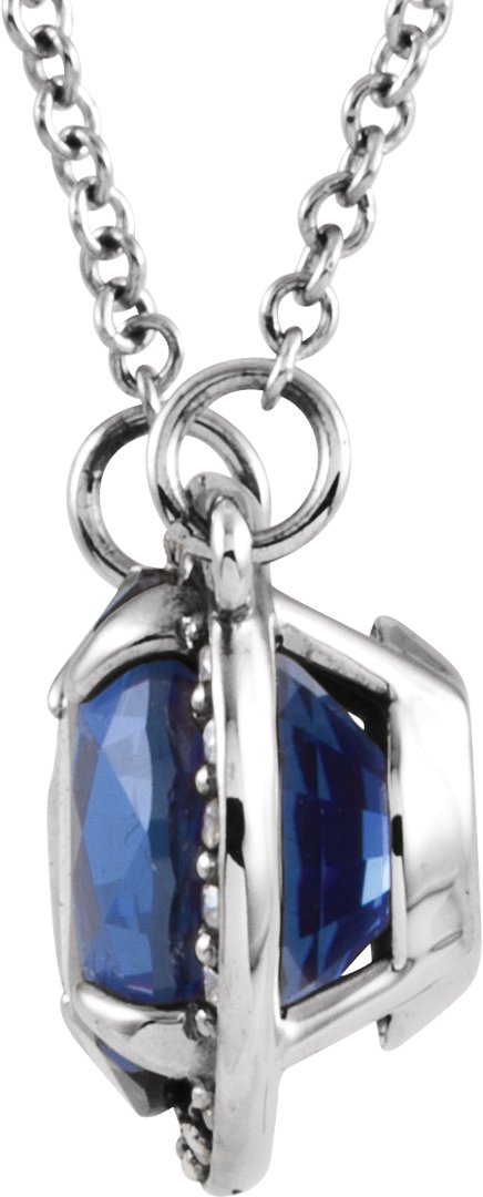 Platinum Round Lab-Grown Blue Sapphire & Natural Diamond Halo-Style Necklace - view 2