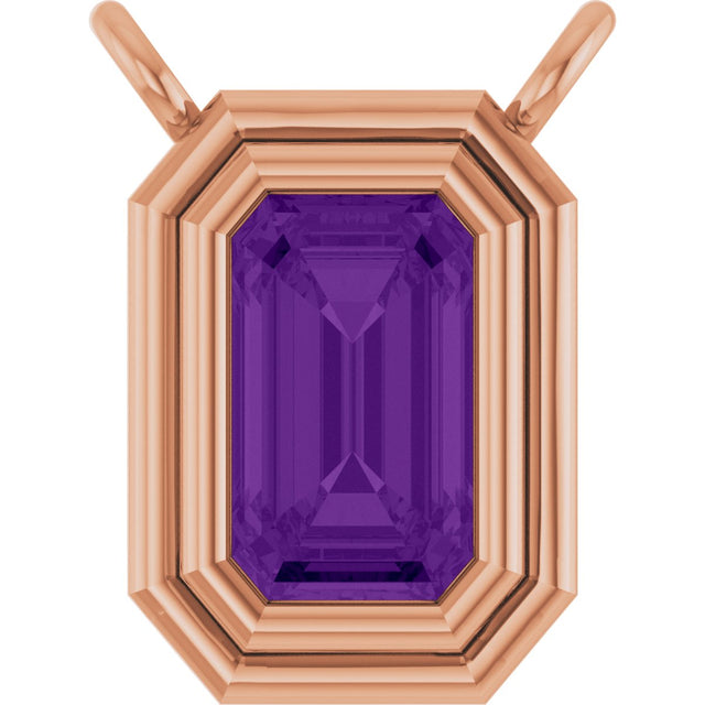 14K Gold Natural Amethyst Round Bezel-Set Necklace - Rose Gold