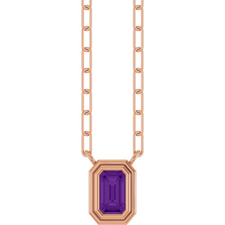 14K Gold Natural Amethyst Round Bezel-Set Necklace - Rose Gold