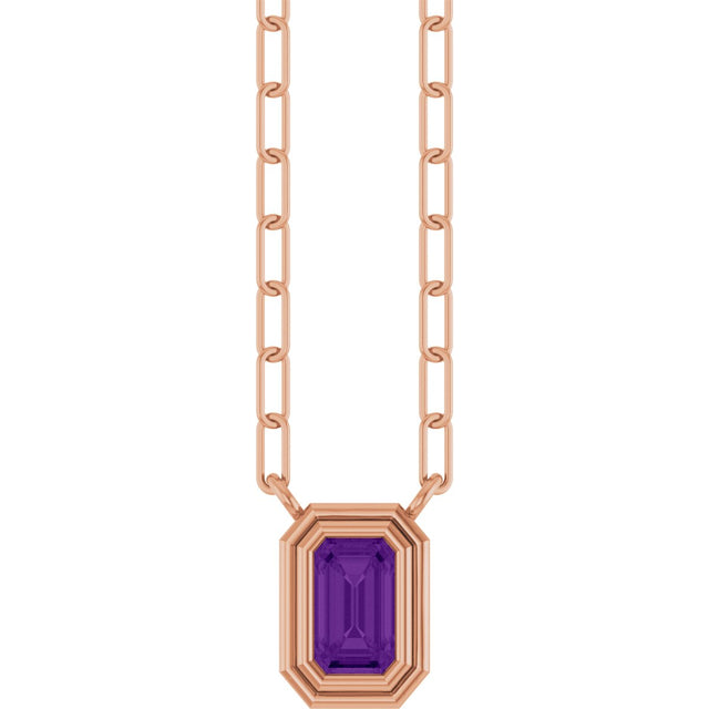 14K Gold Natural Amethyst Round Bezel-Set Necklace - Rose Gold