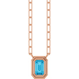 14K Gold Natural Aquamarine Round Bezel-Set Necklace - Rose Gold
