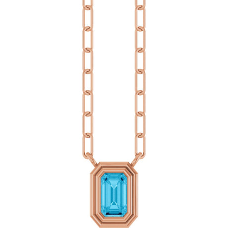 14K Gold Natural Aquamarine Round Bezel-Set Necklace - Rose Gold