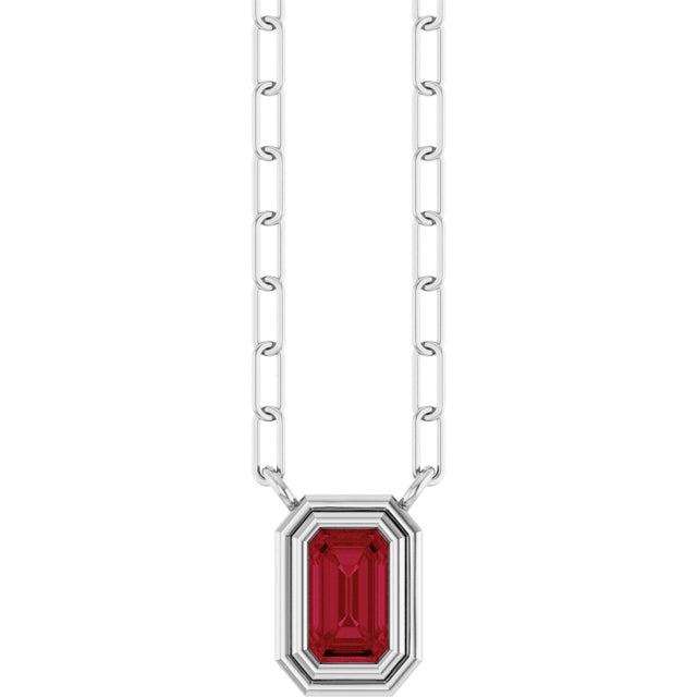 14K Gold Emerald Natural Ruby Round Bezel-Set Necklace - White Gold