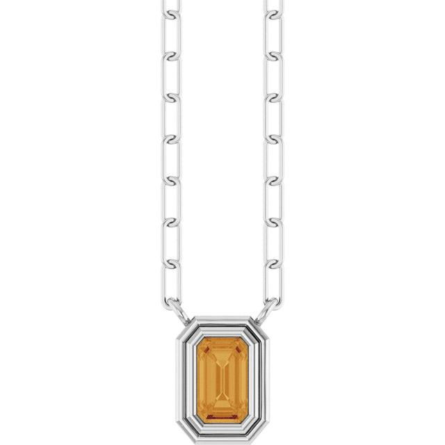 14K Gold Natural Citrine Round Bezel-Set Necklace - White Gold