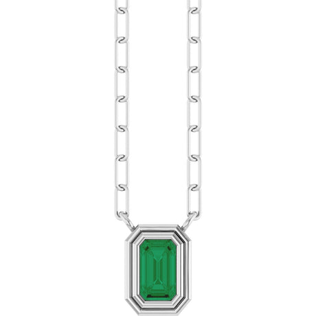14K Gold Lab-Grown Emerald Round Bezel-Set Necklace - White Gold