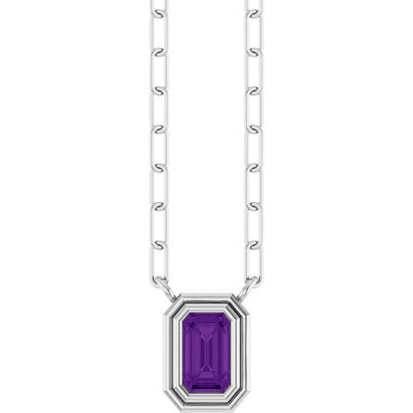 14K Gold Natural Amethyst Round Bezel-Set Necklace - White Gold