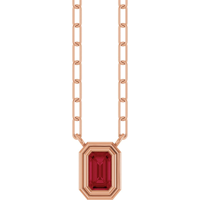 14K Gold Emerald Natural Ruby Round Bezel-Set Necklace - Rose Gold