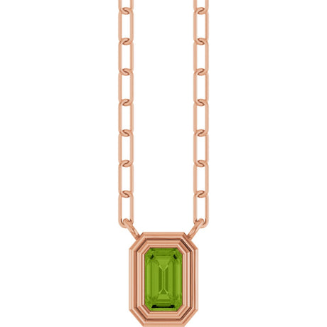 14K Gold Natural Peridot Round Bezel-Set Necklace - Rose Gold