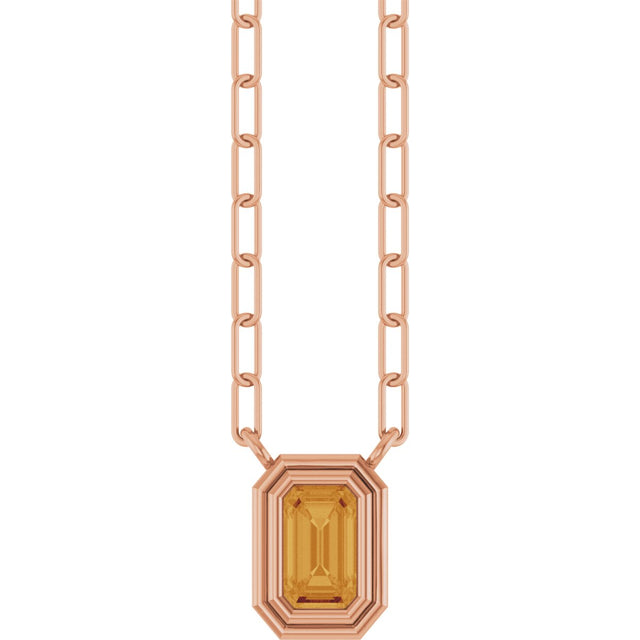 14K Gold Natural Citrine Round Bezel-Set Necklace - Rose Gold