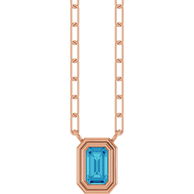 14K Gold Natural Blue Zircon Round Bezel-Set Necklace - Rose Gold