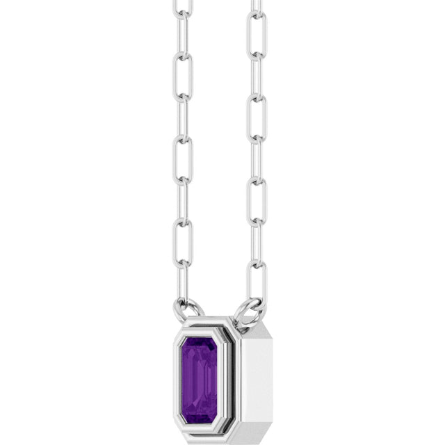 14K Gold Natural Amethyst Round Bezel-Set Necklace - White Gold - view 2