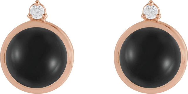 14K Gold Round Natural Black Onyx & Natural Diamond Cabochon Bezel-Set Earrings - Rose Gold - view 4