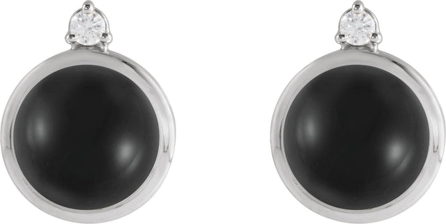 Platinum Round Natural Black Onyx & Natural Diamond Cabochon Bezel-Set Earrings - view 4