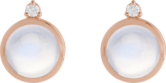 14K Gold Round Natural Rainbow Moonstone & Natural Diamond Cabochon Bezel-Set Earrings – 6-8mm Stones - Rose Gold - view 4