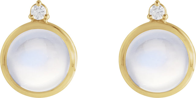 14K Gold Round Natural Rainbow Moonstone & Natural Diamond Cabochon Bezel-Set Earrings – 6-8mm Stones - Yellow Gold - view 4