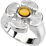 14K Gold Round Natural Citrine Maltese Cross Ring - White Gold