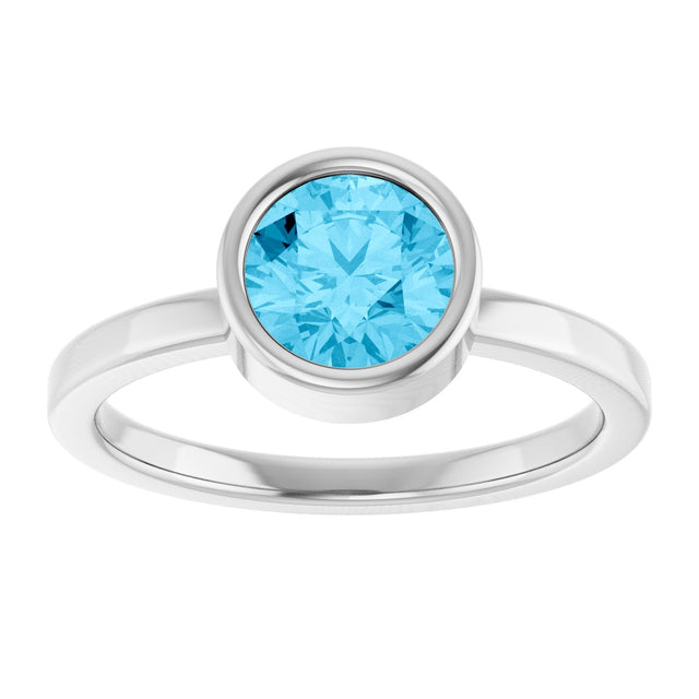 14K Gold Round Natural Aquamarine Bezel-Set Solitaire Ring - White Gold - view 8