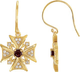 14K Gold Round Natural Mozambique Garnet & Natural Diamond Vintage-Inspired Cross Earrings - Yellow Gold