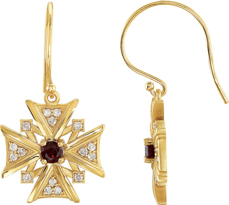 14K Gold Round Natural Mozambique Garnet & Natural Diamond Vintage-Inspired Cross Earrings - Yellow Gold