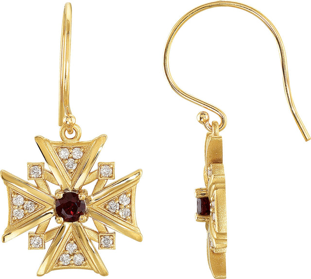 14K Gold Round Natural Mozambique Garnet & Natural Diamond Vintage-Inspired Cross Earrings - Yellow Gold