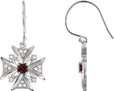 14K Gold Round Natural Mozambique Garnet & Natural Diamond Vintage-Inspired Cross Earrings - White Gold