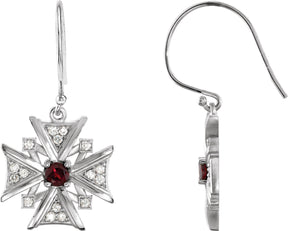 14K Gold Round Natural Mozambique Garnet & Natural Diamond Vintage-Inspired Cross Earrings - White Gold