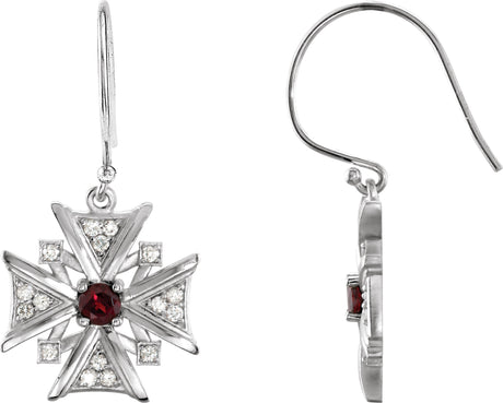 14K Gold Round Natural Mozambique Garnet & Natural Diamond Vintage-Inspired Cross Earrings - White Gold