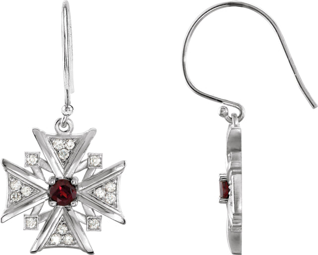 14K Gold Round Natural Mozambique Garnet & Natural Diamond Vintage-Inspired Cross Earrings - White Gold