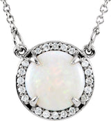 14K Gold Round Natural White Opal & Natural Diamond Halo-Style Necklace – 0.05 CTW - White Gold
