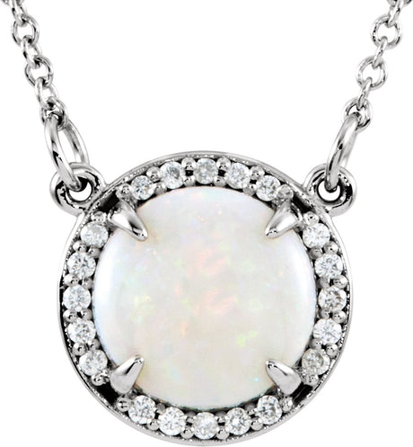 14K Gold Round Natural White Opal & Natural Diamond Halo-Style Necklace – 0.05 CTW - White Gold
