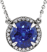 Platinum Round Lab-Grown Blue Sapphire & Natural Diamond Halo-Style Necklace