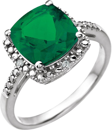 14K Gold Cushion Lab-Grown Emerald & Natural Diamond Halo-Style Ring