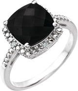 14K Gold Cushion Natural Black Onyx & Natural Diamond Halo-Style Ring