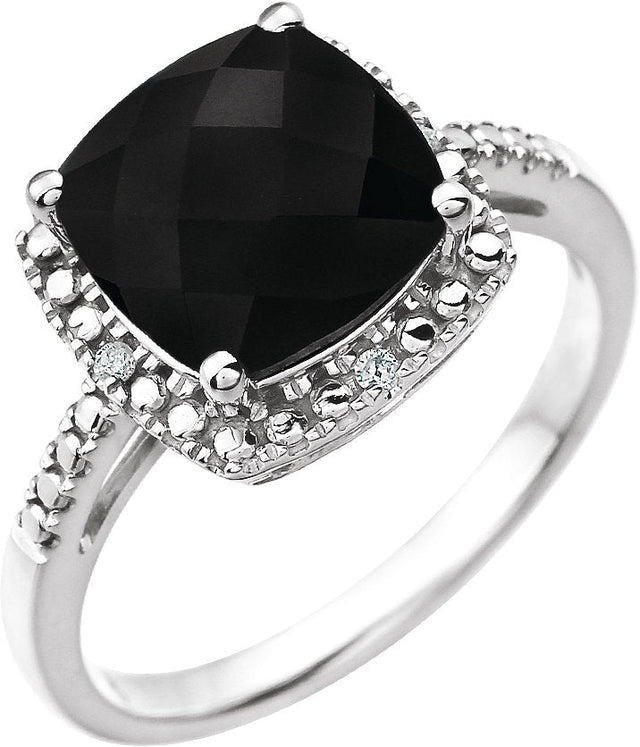 14K Gold Cushion Natural Black Onyx & Natural Diamond Halo-Style Ring
