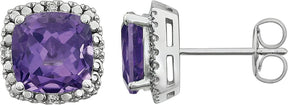 14K Gold Natural Amethyst & Natural Diamond Cushion 4-Prong Halo-Style Earrings