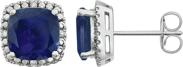 14K Gold Lab-Grown Blue Sapphire & Natural Diamond Cushion 4-Prong Halo-Style Earrings