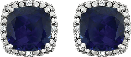 14K Gold Lab-Grown Blue Sapphire & Natural Diamond Cushion 4-Prong Halo-Style Earrings - view 2