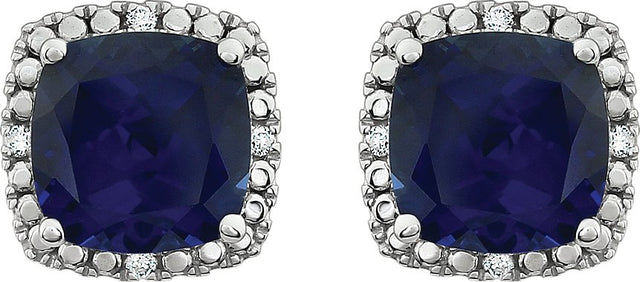 14K Gold Lab-Grown Blue Sapphire & Natural Diamond Cushion 4-Prong Halo-Style Earrings - view 2
