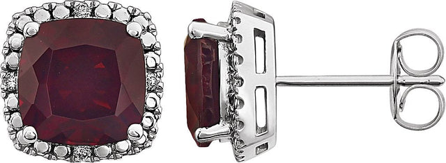 14K Gold Natural Mozambique Garnet & Natural Diamond Cushion 4-Prong Halo-Style Earrings