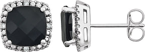 14K Gold Natural Black Onyx & Natural Diamond Cushion 4-Prong Halo-Style Earrings
